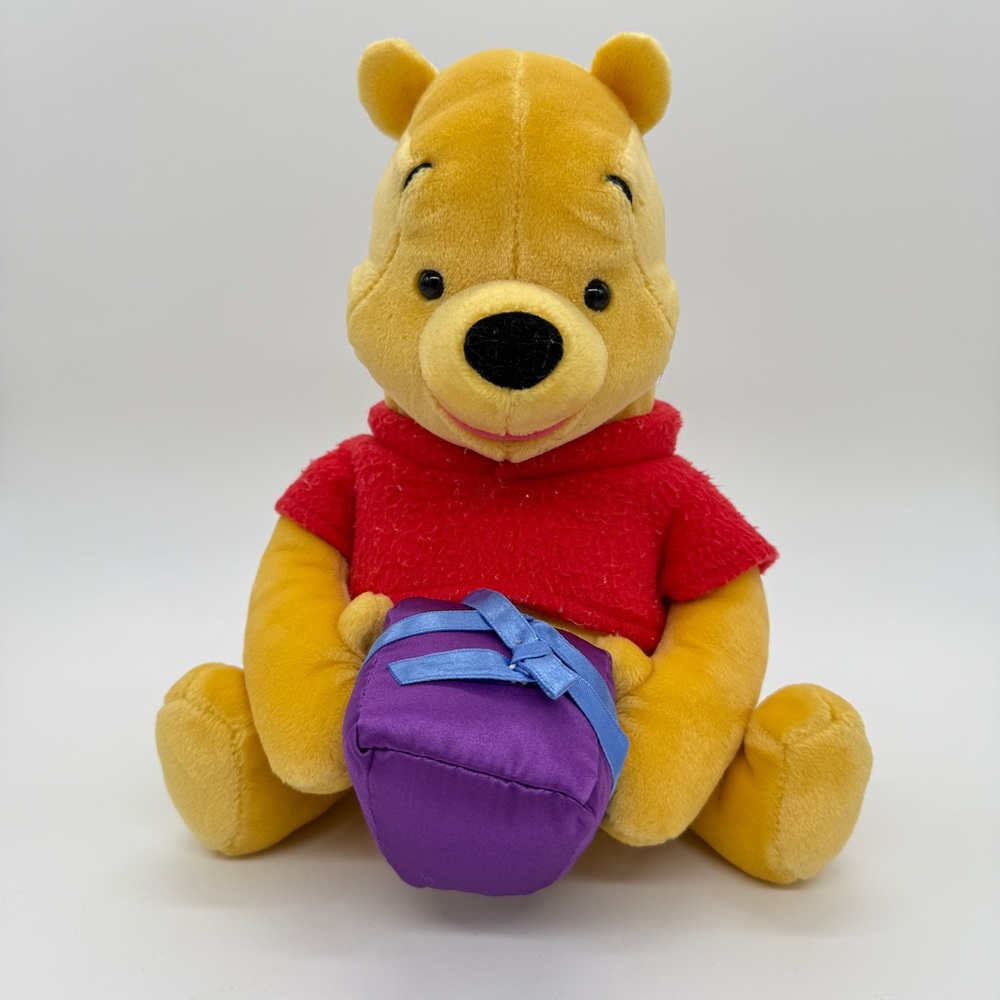 Gund Winnie The Pooh Plush with Purple Present Red Shirt